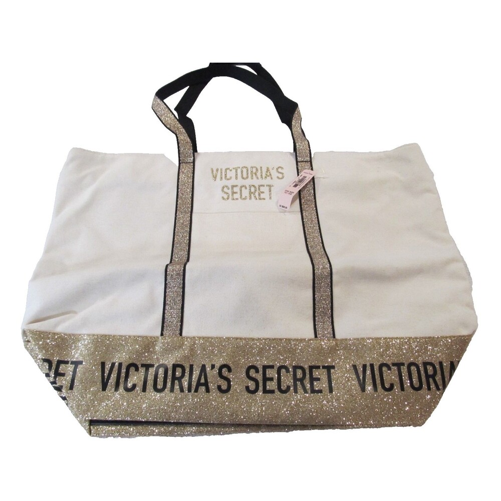 Victoria’s Secret Tan Gold Glitter Large Tote Bag Zippered 2018 NWT Travel - Picture 2 of 9